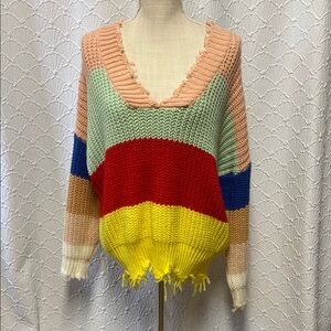 Main Strip size medium Colorful Striped V-Neck Sweater fringe cozy warm‎ layers